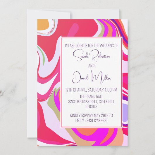 Moderne Groovy Swirl Levendige Roze Bruiloft Kaart (Voorkant)