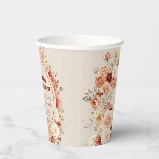 Moderne groovy terracotta bordeauxrood bruin bloem papieren bekers (Rechts)