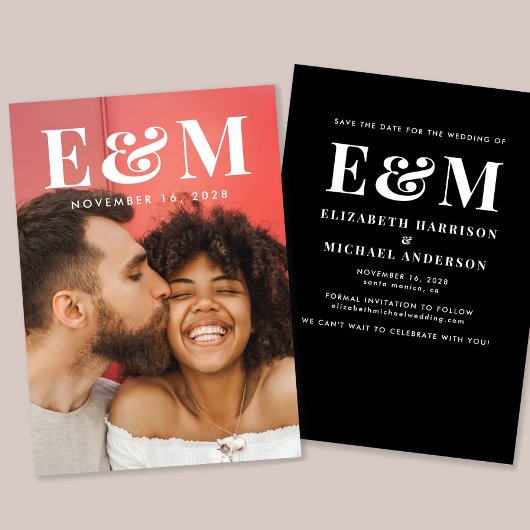 Moderne Grote Monogram Initialen Foto Zwart Wit Save The Date