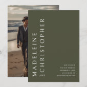 Moderne Grote Namen Olijfgroen Foto Bruiloft Save The Date (Voorkant / Achterkant)