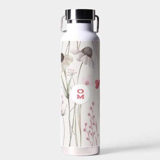 Moderne Grote Wildbloem Monogram Lichtroze Groen Waterfles (Voorkant)