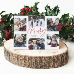 Moderne, grove roze script 6 foto kerstcollage feestdagenkaart