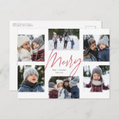 Moderne, grove roze script 6 foto kerstcollage feestdagenkaart (Voorkant / Achterkant)