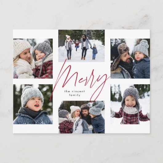 Moderne, grove roze script 6 foto kerstcollage feestdagenkaart (Voorkant)