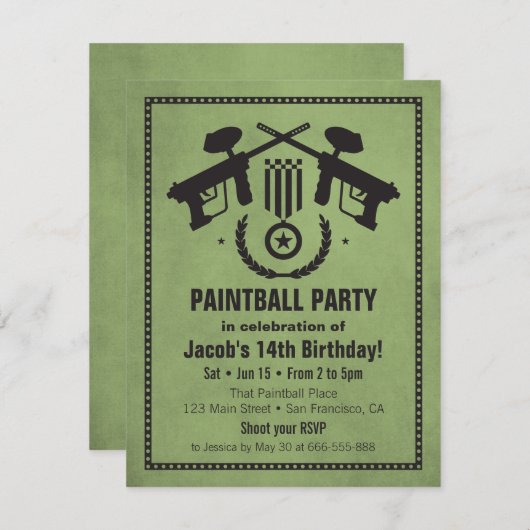 Moderne Grungy Paintball Verjaardagsfeestje Uitnod Kaart (Voorkant / Achterkant)