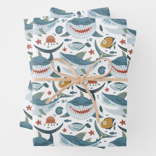 Moderne haai 1e 2e 3e Kids Verjaardagscadeau Feest Inpakpapier Vel (In situ)