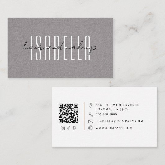Moderne haar- en make-upartist Faux-linnen script Visitekaartje (Voorkant / Achterkant)