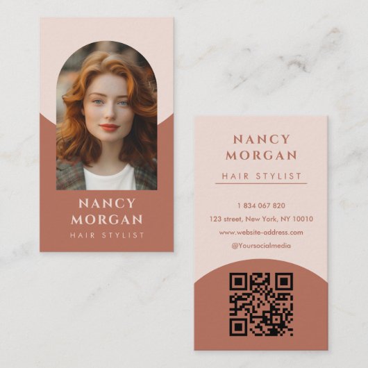 Moderne Haarstylist boogfoto QR code boho Visitekaartje (Voorkant / Achterkant)