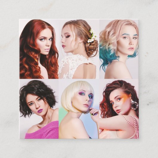 Moderne haarstylist klantfoto's elegant script vierkante visitekaartje (Voorkant)