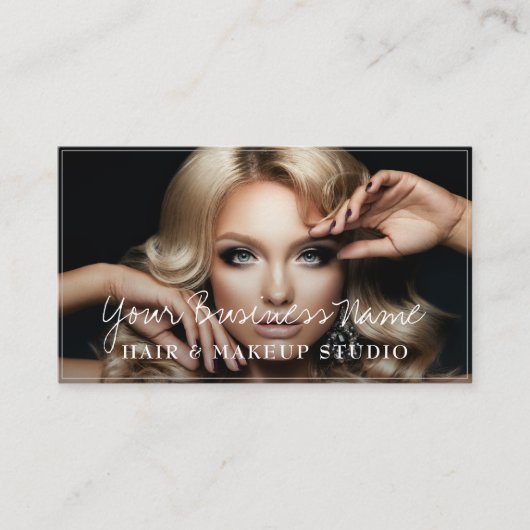 Moderne haarstylist klantfoto's elegant script visitekaartje (Voorkant)