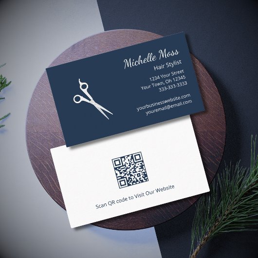 Moderne Haarstylist Schaar Navy Blue QR code Visitekaartje