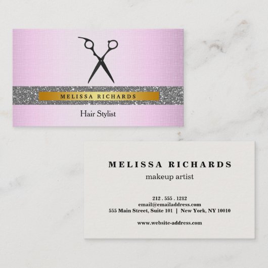 Moderne Haarstylist Scissors Logo Sequin Visitekaartje (Voorkant / Achterkant)