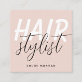 Moderne haarstylist script zwart roze vierkante visitekaartje (Voorkant)