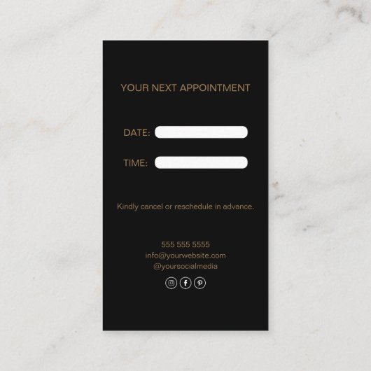 Moderne haarstylist zwart en goud afsprakenkaartje (Achterkant)