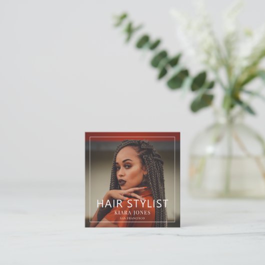 Moderne Hair Stylist Foto Vierkante Visitekaartje (Staand voorkant)