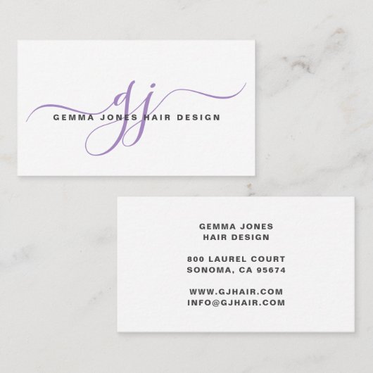 Moderne Hair Stylist Lavendel Script Monogram Visitekaartje (Voorkant / Achterkant)