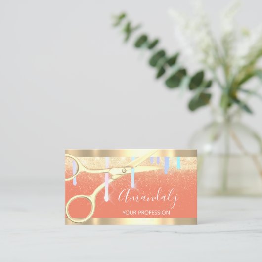 Moderne Hairdresser-schaar maakt gouden Oranje Visitekaartje (Staand voorkant)