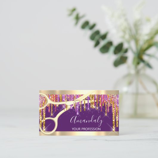 Moderne Hairdresser-schaar Paarse schijven Glitter Visitekaartje (Staand voorkant)