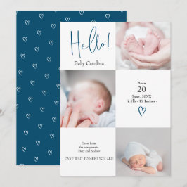 Moderne hallo blauw wit 3 foto's baby geboorte aankondiging