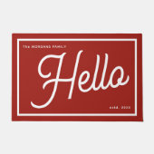 Moderne Hallo Rood Wit Script Familienaam Deurmat (Voorkant)