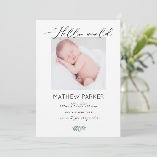 Moderne 'Hallo Wereld' Baby Geboorte Aankondigings Aankondiging (Staand voorkant)