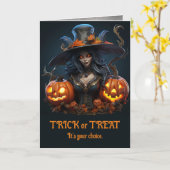 Moderne Halloween Heks met Jack o' Lantaarns Kaart (Gele Bloem)