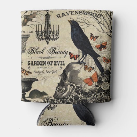 moderne  halloween kraai en schedel blikjeskoeler (Voorkant)