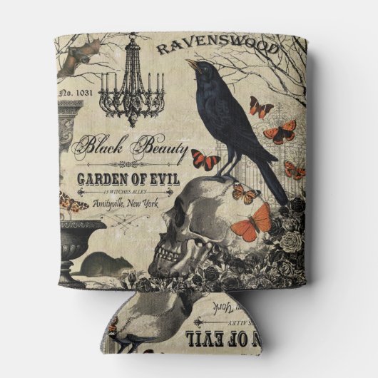 moderne  halloween kraai en schedel blikjeskoeler (Achterkant)