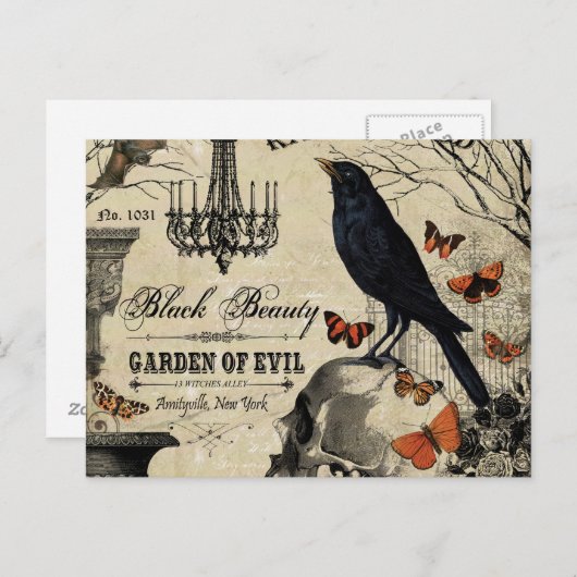 moderne  halloween kraai en schedel briefkaart (Voorkant / Achterkant)