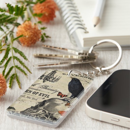 moderne  halloween kraai en schedel sleutelhanger (Voorkant Rechts)