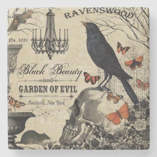 moderne halloween kraai en schedel stenen onderzetter (Voorkant)