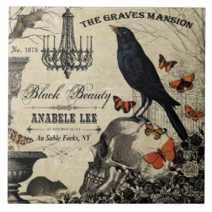 moderne  halloween kraai en schedel tegeltje