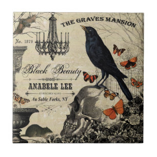 moderne  halloween kraai en schedel tegeltje