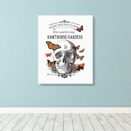 moderne Halloween schedel en vlinders Canvas Afdruk (Insitu (Houten vloer))