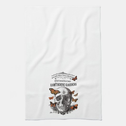 moderne Halloween schedel en vlinders Theedoek (Verticaal)