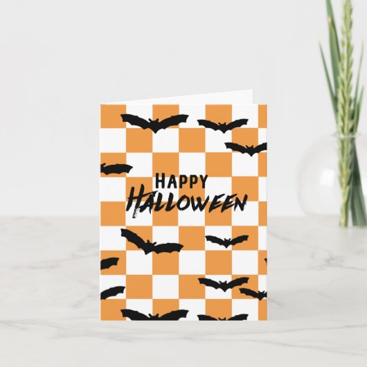 Moderne Halloween Spooky Bats Sinaasappel Checkerb Bedankkaart (Voorkant)