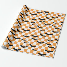 Moderne Halloween Spooky Bats Sinaasappel Checkerb Cadeaupapier