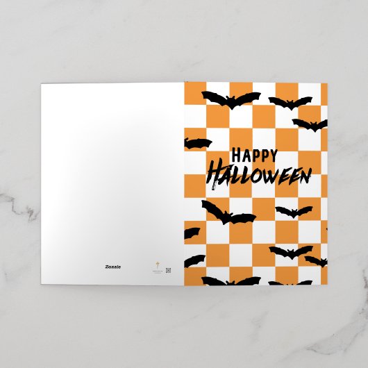 Moderne Halloween Spooky Bats Sinaasappel Checkerb Folie Wenskaart (Buiten Laag)