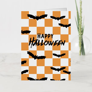 Moderne Halloween Spooky Bats Sinaasappel Checkerb Folie Wenskaart