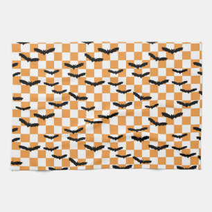 Moderne Halloween Spooky Bats Sinaasappel Checkerb Theedoek