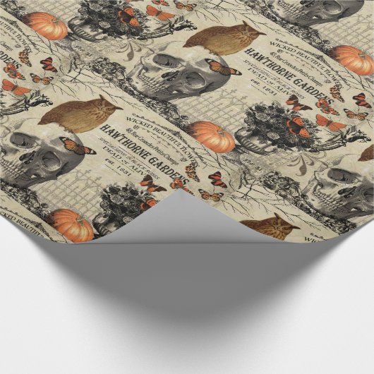 Moderne  halloween-uil en schedel cadeaupapier (Hoek)