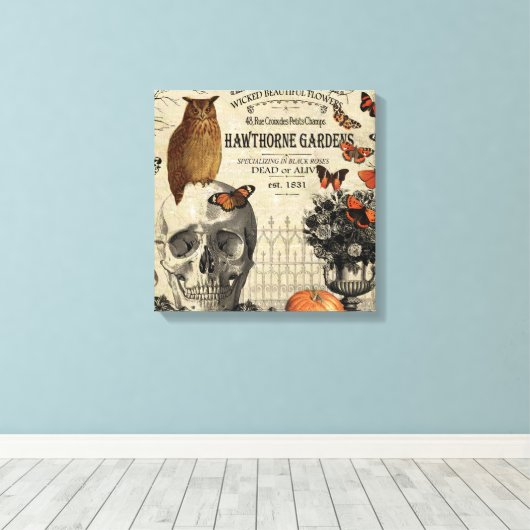 Moderne halloween-uil en schedel canvas afdruk (Insitu (Houten vloer))