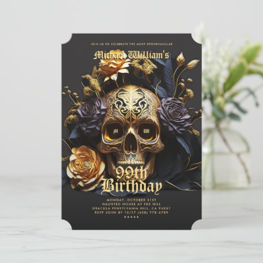 Moderne Halloween Verjaardagsfeestje Zwart Gouden  Kaart (Staand voorkant)