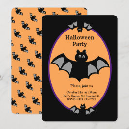 Moderne Halloween-vleermuis op zwart en oranje Kaart