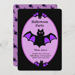 Moderne Halloween vleermuis op zwart en violet Kaart