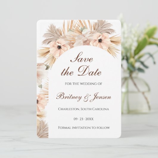 Moderne Halve Boog Droge Pampas Boho Natuurlijk Save The Date (Staand voorkant)