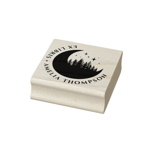 Moderne Halve Maan Bomen & Sterren Rond Ex Libris Rubberstempel (Stempel)