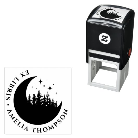 Moderne Halve Maan Bomen & Sterren Rond Ex Libris Zelfinktende Stempel (In situ)