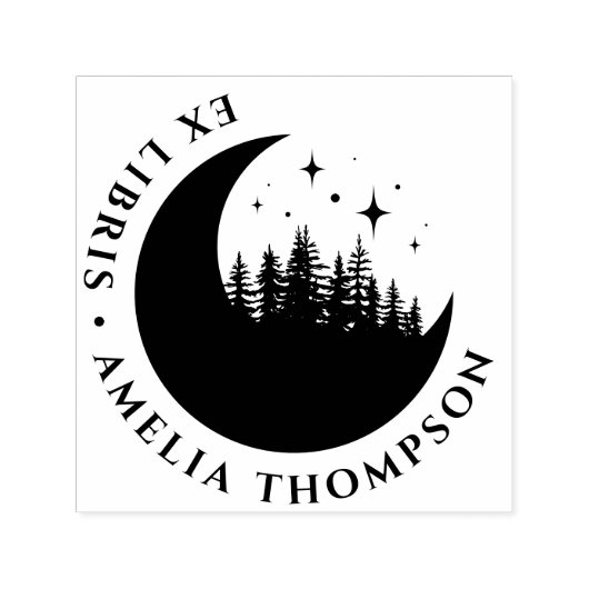 Moderne Halve Maan Bomen & Sterren Rond Ex Libris Zelfinktende Stempel (Design)