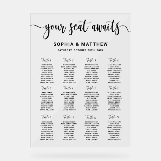 Moderne Hand belettering bruiloft zitplaatsen kaar Acryl Bord (Voorkant)